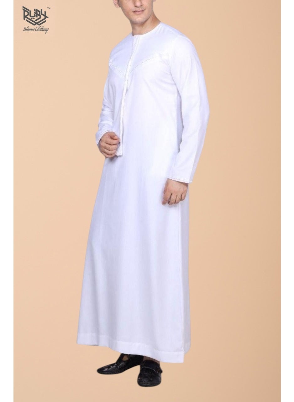 Classic White Emirati Thobe kandura for Men with zip and Intricate Embroidery Men's kandura Kaftan Round Neck Long Sleeve Saudi Arabian Muslin Robe